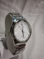 Luxury-Style Silver-Toned Quartz Wristwatch With Crown Logo And Pave Markers