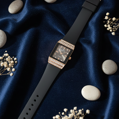 Midnight Elegance – Rectangular Rose Gold & Crystal Statement Watch