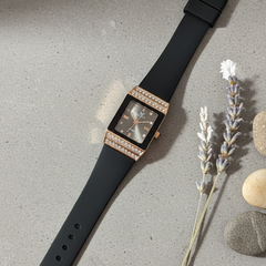 Midnight Elegance – Rectangular Rose Gold & Crystal Statement Watch