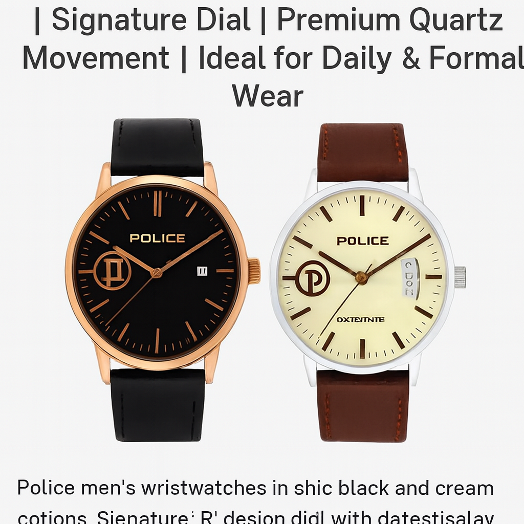 Police Watch – Elegant Design With Date Display | Leather Strap | Quartz Movement | Water Resistant - Black Strap With Black Dial